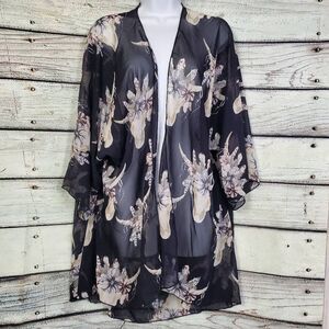 Adora Black Beige Floral Kimono Large Sheer Open Front Boho Duster USA